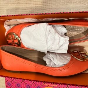 Tory Burch Coral Orange Leather Logo Ballet Flats